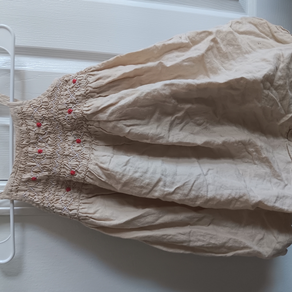 Cream Smocked Dress with Red Accents